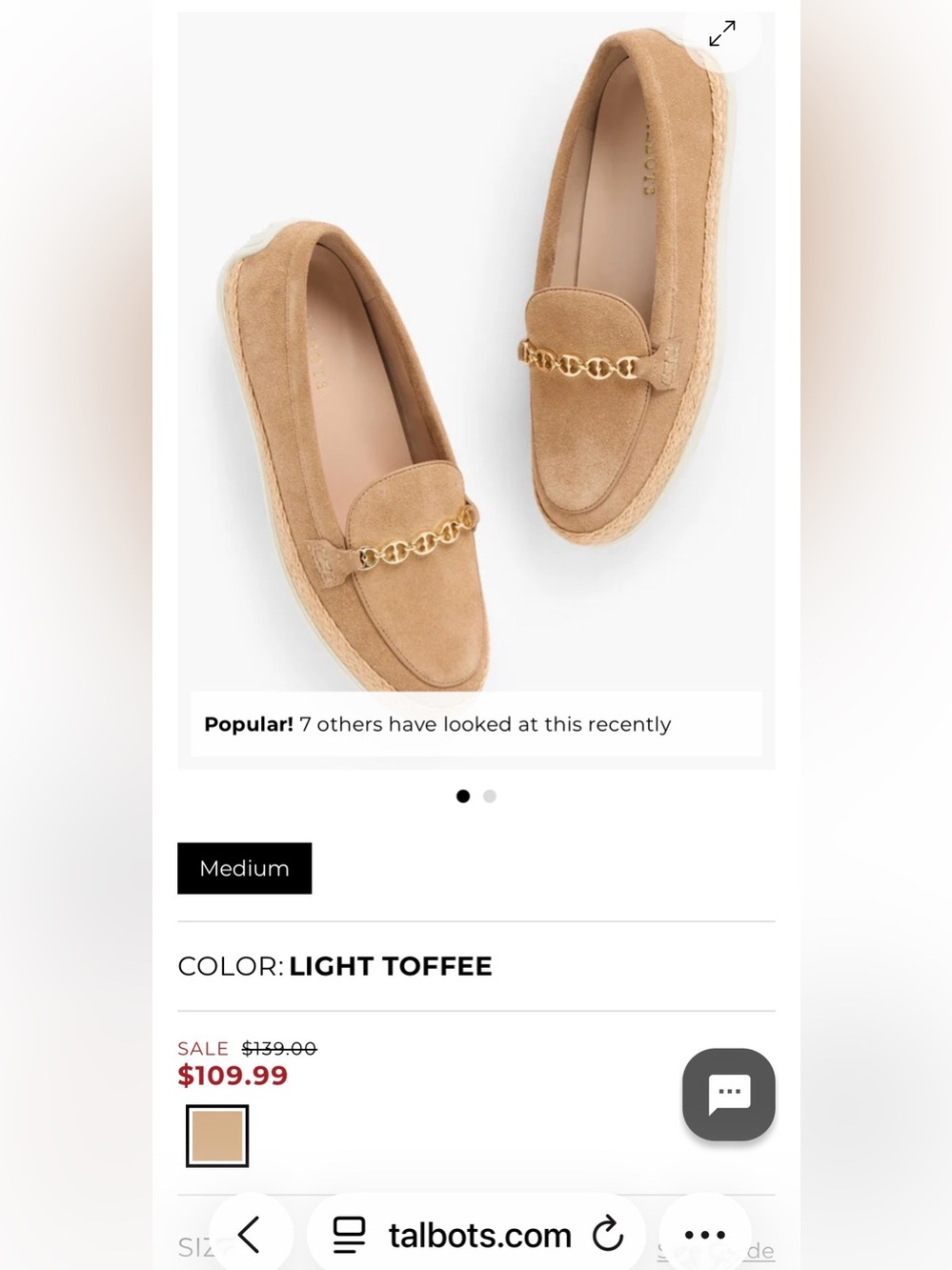 Talbots sz 8 Light Toffee Suede Loafer with Gold Chain Trim NWOT